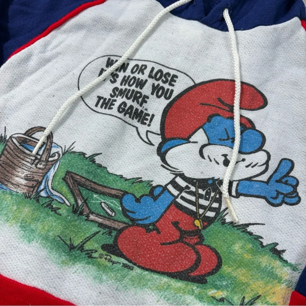Vintage 80s Papa Smurf Sears Tag Win Or Lose Smurf The Game Hoodie Top Small 4